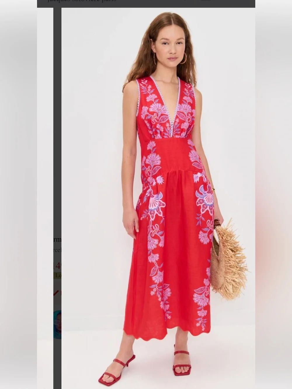 FARM Rio porcelain garden red midi dress A-line linen size small